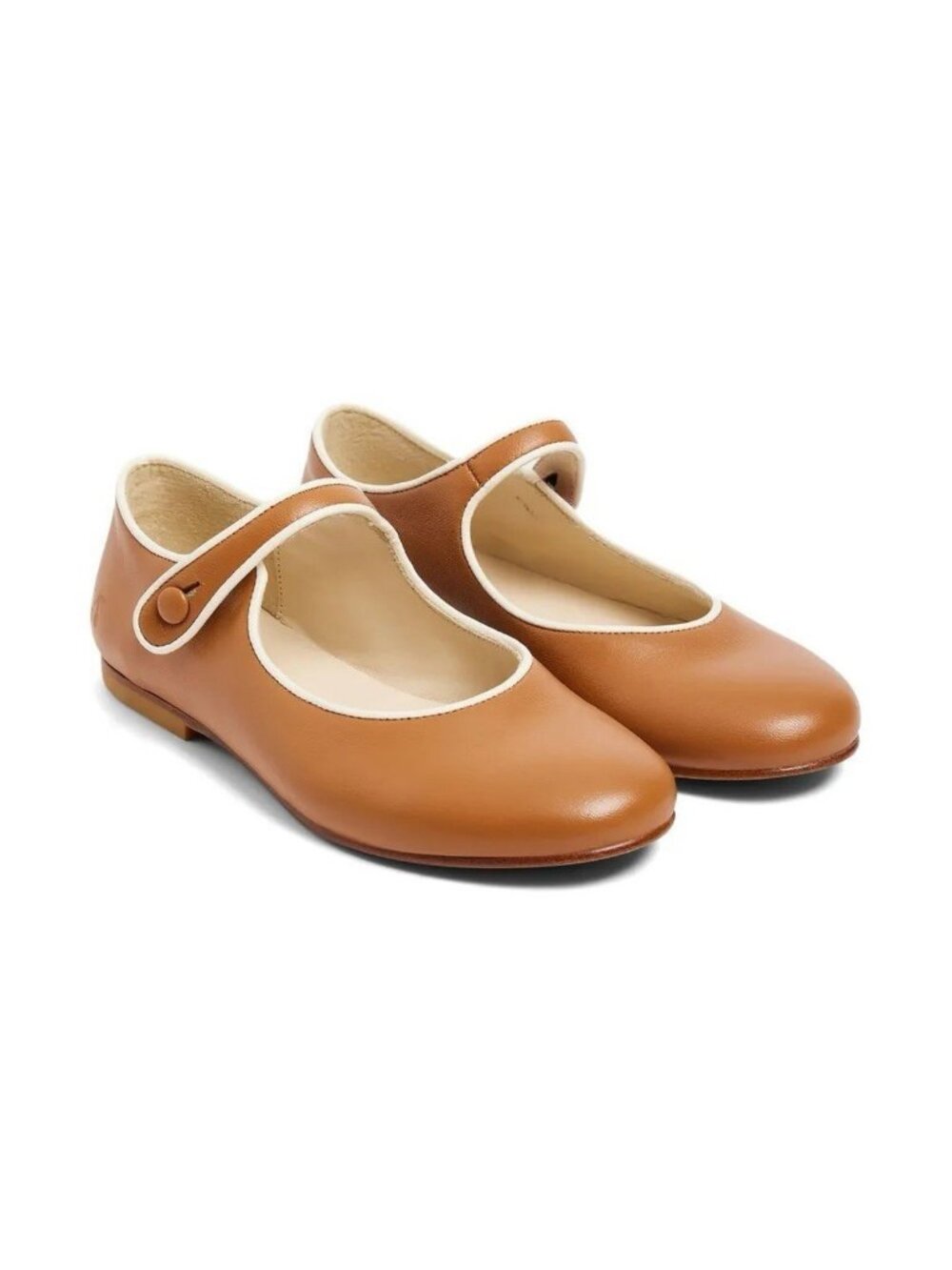 Bonpoint Girls Tan Leather Mary Jane Shoes White Piping Button Strap EU 24 US 8